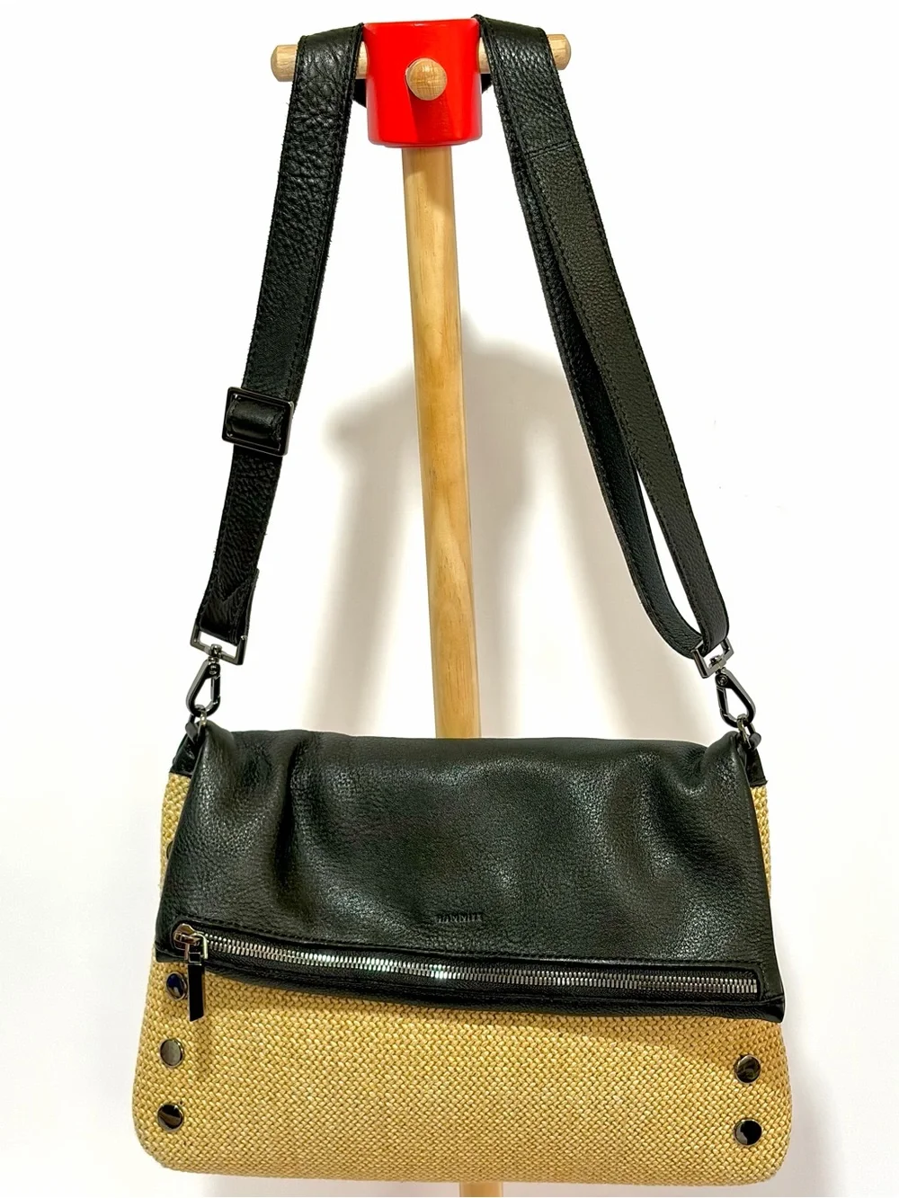 HAMMITT VIP Large Crossbody Bag In Black Leather And Chaparral Raffia/Gunmetal